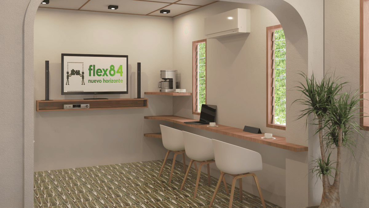 Visualización digital del área de café con logo Flex 84